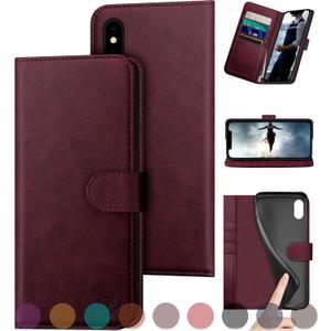 for iPhone X/XS Genuine Leather Wallet case RFID Blocking4 Credit Card HolderReal Leather Flip Folio Book Phone case Protective Cover Women Men for Apple XS case Wine Red