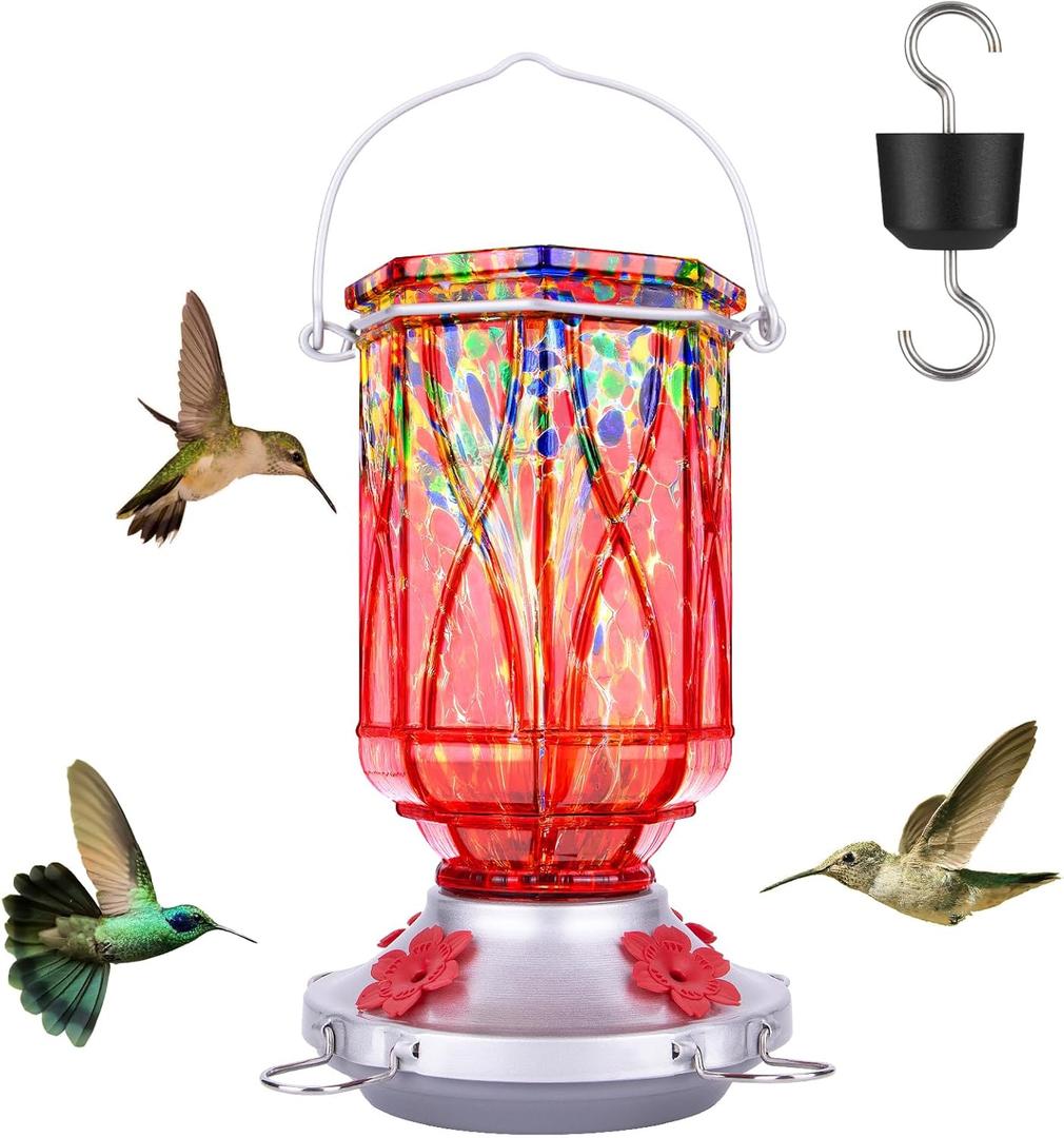 Hummingbird Feeders for Outdoors with Ant Moat, Hand Blown Glass Hummingbird Feeder, 4 Feeding Ports with Perch, Outdoor Garden Dcor, 15 OZ, Red, Gifts for Mom Wife Dad Men Women