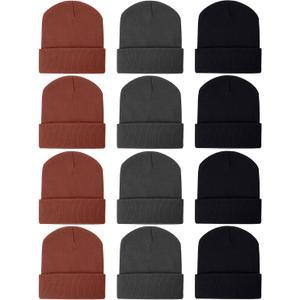 Zhanmai 12 Pack Winter Beanie Hats for Men Women Beanie Bulk, Warm Knitted Cuffed Cozy Skull Cap (One Size, Black, Gray, Brown)