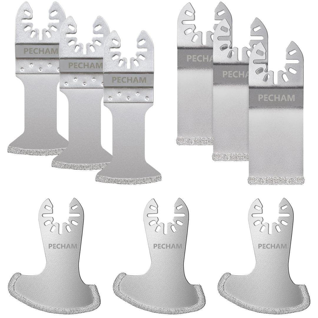 PECHAM 9PCS Diamond Oscillating Tool Blade, Multi Tool Blades Kits for Grout Removal and Soft Tile Cut, Fit Porter Cable Black & Decker Rockwell Ridgid Ryobi Milwaukee Chicago Craftsman