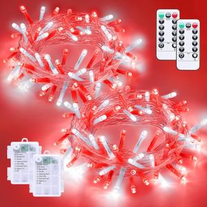 YEGUO Christmas Lights Battery Operated, 2 Pack Each 33ft 100 LED Red and White String Lights Outdoor Waterproof,8 Modes Clear Wire Fairy Light Indoor with Remote