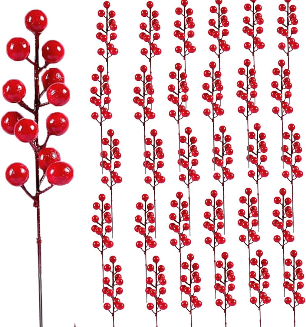32 Pack Christmas Tree Decoration, 8 Inch Christmas Artificial Red Berry Stems Picks Filler for Tree, Holly Berries Branches Christmas Tree Ornaments DIY Crafts Xmas Winter Holiday Decor