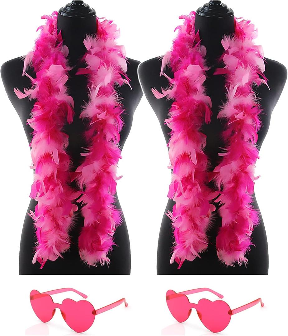 2 Pcs Feather Boas with Heart Rimless Sunglasses4 ft Feather Boa Halloween Christmas Bachelor Party Pack Accessory (Pink Mix)
