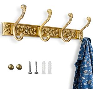 Coat Rack Wall Mount, Vintage Wall Hooks with 4 Dual Hooks for Hanging Coats, Heavy Duty Aluminum Alloy Coat Hanger Wall Mount, Towel Rack for Bathroom Entryway Bedroom Mudroom - Antique Brass