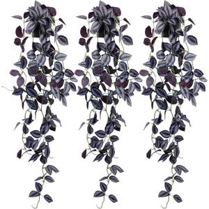 LOYWREE 3Pack Small Fake Hanging Purple Plant Artificial Potted Plants Indoor 39-in Long Faux Dark Black Vine Plant for Shelf Home Office and Outdoor Garden Decor (Black Pot)