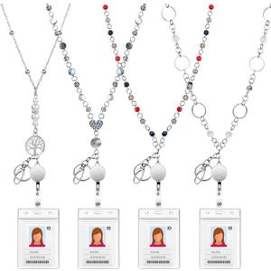 Pangda 4 Sets Badge Clips Necklace Beaded Breakaway Lanyards Teacher Nurse Gift for ID Badges Badge Reel Chain with ID Card Holders Retractable Reel Lanyards Necklaces for Women Cruise Ship Gift