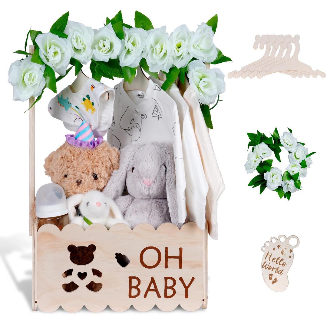 Wooden Baby Shower Crate Closet with Handle,Storage Basket,Baby Clothes Hangers, Newborn Boy Girl Welcome Gift Basket,Easy Assembly Baby Baskets for Baby Shower