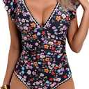 Women's One Piece Ruffle Swimsuit Tummy Control Bathing Suit V Neck Shell Stitched Swim Suit Slimming Swimwear (Large, Black Pink Flower)