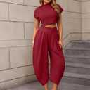 Ekaliy Casual Two Piece Sets For Women Mock Neck Short Sleeve Crop Tops and Palazzo Pants Set Summer Outfits (Red, L)