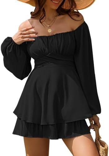 Linsery Womens Ruffle Long Sleeve Short Rompers Sexy Layered Tie Waist Chiffon One Piece Outfits Solid Jumpsuit XL