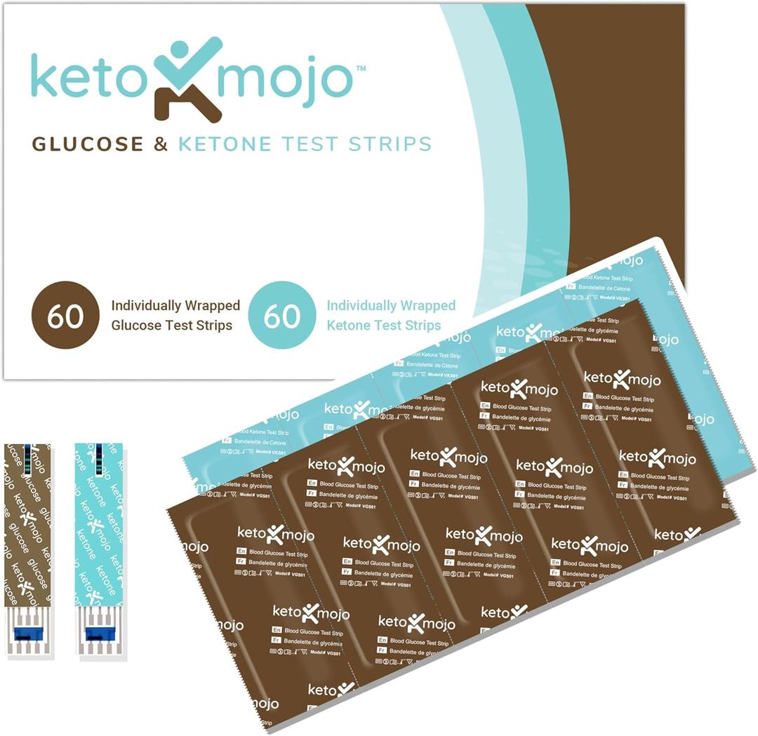 KETO-MOJO Blood Glucose and Ketone Test Strips Combo Pack | 60 Glucose + 60 Ketone Strips (120 Count) | for Use Only with GK+ Meter, Glucose strips Exp: 2027-01-01, Ketone strips Exp: 2027-01-01, Glucose control Exp: 2026-12-05, Ketone control Exp: 2026-12-05, Lancets Exp: 2026-12-05