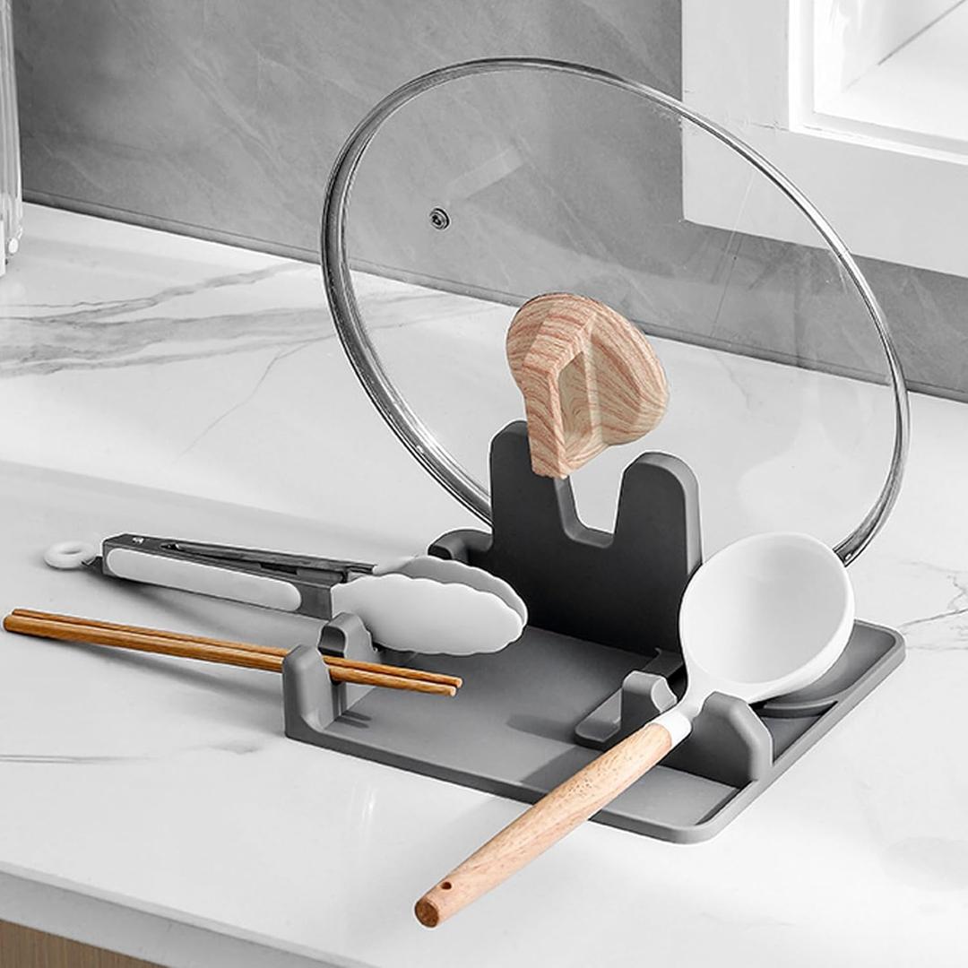 Silicone Spoon Holder Spoon Rest with Lid Holder for Stove Top,BPA Free Utensil Rest for Kitchen Countertop,Non-Slip Heat-Resistant Stove Utensil Holder for Spatula,Ladle,Tong&Pot Lid (Grey) (Gray)