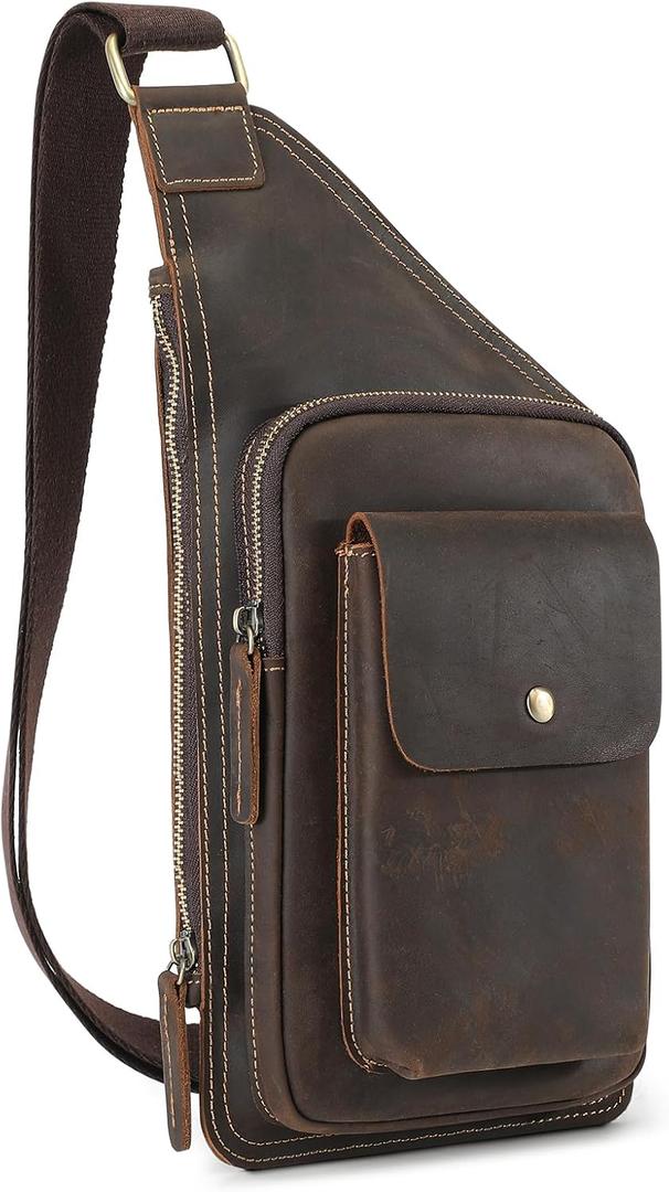 BAIGIO Genuine Leather Sling Bag for Men Fashion Casual Crossbody Bag Vintage Chest Bag for Men Hiking Travel Daypack BAIGIO Genuine Leather Sling Bag for Men Fashion Casual Crossbody Bag Vintage Chest Bag for Men Hiking Travel Daypack