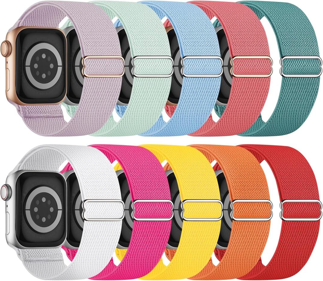 10 Pack Stretchy Bands Compatible with Apple Watch Band 40mm 38mm 41mm 42mm 44mm 45mm 46mm 49mm Women Men, Water-Resistant Solo Loop Elastic Sport Straps for iWatch Series 11 10 9 8 7 6 5 4 3 SE Ultra (Hot Pink/Lavender/Yellow/Light Green/White/Red/Orange/Light Blue/GreenishBlue/Peach Red)