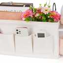 Bedside Caddy Storage Organizer with Fixed Straps and Water Bottle Holder for Home, College, Dorm, Bunk/Hospital/Crib Bed Rails, White