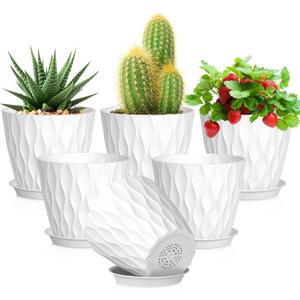 5 inch Plant Pots for Indoor Outdoor Plants, 6 Pack Thick Nursery Pots with Drainage Holes and Saucers, 3D Modern Wave Texture Small Plastic Planter Flower Pots for Succulent, Herb, White