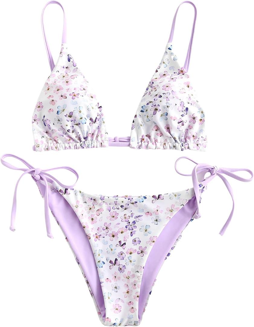 ZAFUL Women's Triangle Bikini Floral String Bikini Set Two Piece Swimsuit Bathing Suits (Large, 2-mauve)