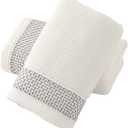 sense gnosis White Hand Towel Set of 2 Textured Terry Clusters with Woven Border Decorative 100% Cotton Super Soft Highly Absorbent Hand Towel for Bathroom 13 X 29 Inch