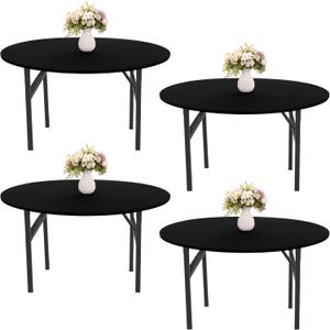 4 Pieces Round Spandex Tablecloth Table Top Cap Cover Stretch Fitted Tablecloth for 6 Foot Round Tables Washable Elastic Table Protector for Indoors Outdoors (Black,6 Foot)