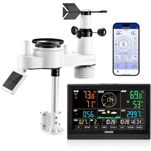VEVOR 7-in-1 Wi-Fi Weather Station with APP, 7.5-Inch VA Display, Wireless Solar Powered Outdoor Sensor, Rain Gauge, Indoor Outdoor for Weather Forecast, Wind Speed, Temperature, Humidity, Rainfall