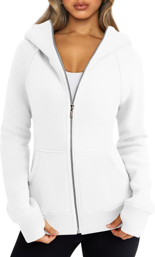 Trendy Queen Women's Full Zip Up Hoodie - Fitted Long Sleeve Sweatshirts for Fall and Winter (Large, White)