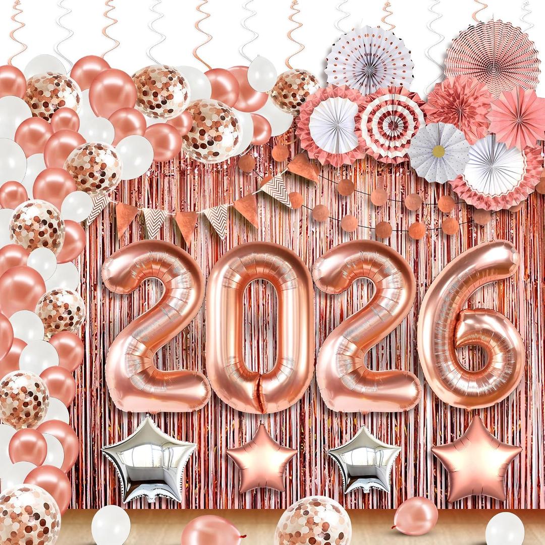 KatchOn, Rose Gold Birthday Decorations Set - Huge Pack of 145 | Rose Gold Fringe Backdrop, Balloons, Garland for Birthday Decorations, Graduation Decorations 2026 | Graduation Eve Party Supplies