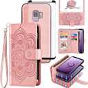 Asuwish Phone Case for Samsung Galaxy S9 Zipper Wallet Magnetic Detachable Cell Cover with Tempered Glass Screen Protector Crossbody Strap Flower Card Holder Slot S 9 Edge 9S GS9 Women Girls Rose Gold