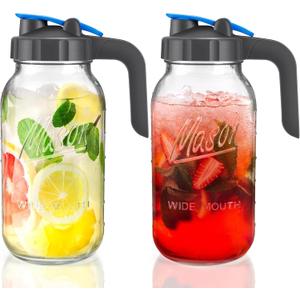 2 Pack 64 oz Sun Tea Pitcher, Half Gallon Mason Jar Pitcher with Wide Mouth Airtight Lid for Ice Tea, Cold Brew Coffee, Fridge Water, Breast Milk, Juices, Leak Proof