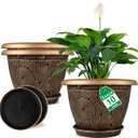 10 Inch Flower Pots Planters for Indoor Outdoor Plants, 3 Pack Plastic Large Plant Pots with Drainage Hole & Tray, Modern Decorative Garden Pot with Saucer, Plant Container for House (Gold)