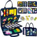 Qizfun Busy Board Montessori Toy for Toddlers, Educational Sensory Learning Toy for Fine Motor Skills, Preschool Travel Toy for Airplane & Car, Gifts for Boys and Girls (Blue/P8)