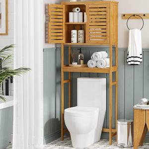 VIAGDO Over The Toilet Storage Cabinet, Tall Bathroom Cabinet Organizer with Cupboard and Adjustable Shelves, Freestanding Toilet Shelf Space Saver Rack Stand for Laundry Room, Balcony, Bamboo, Small
