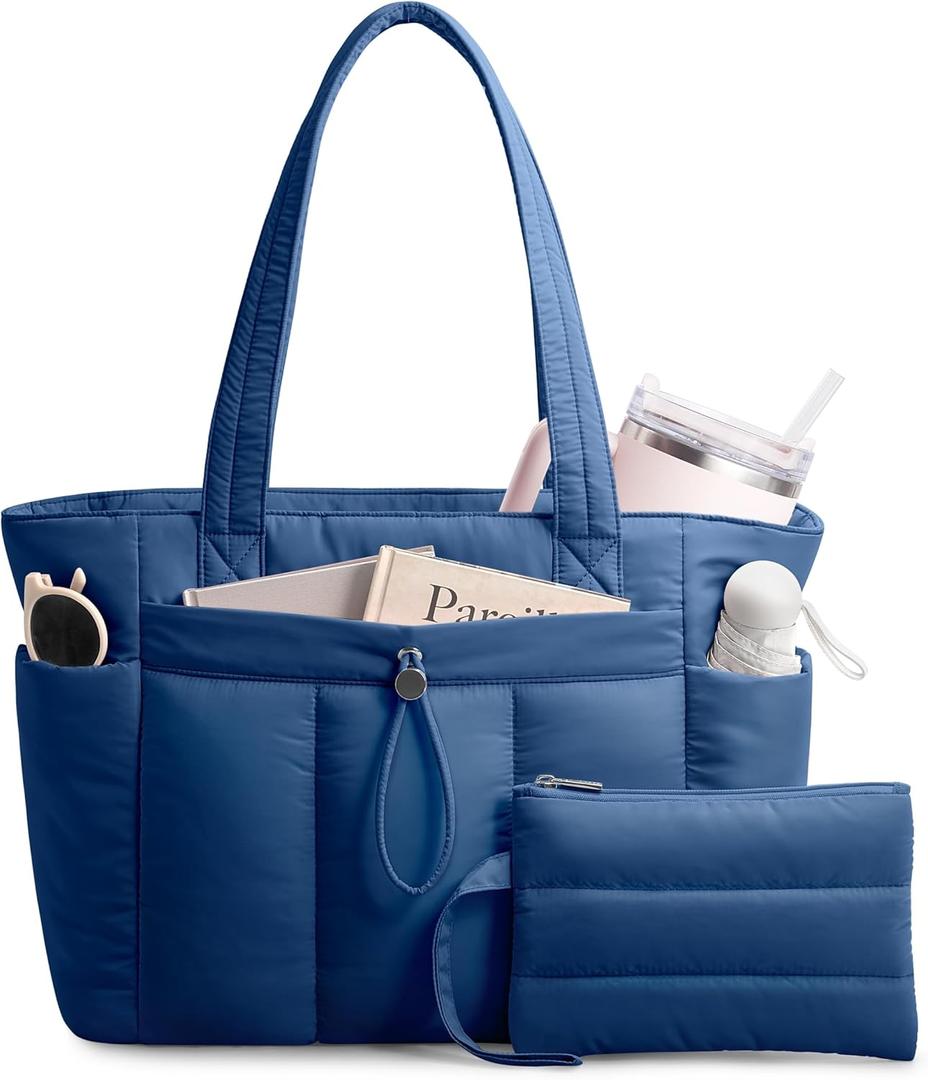 TOPDesign Puffy Tote Bag for Women with Cup Holder & Laptop Compartment & Cosmetic Bag & Trolley Sleeve for Work, Travel (Medium, Blue)