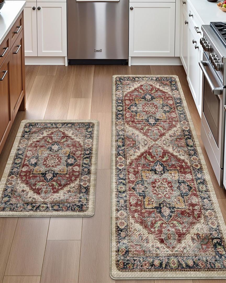 DEXI Kitchen Floor Mats Anti Fatigue, 17x29+17x59 Large Cushioned Runner Rug Waterproof, Standing Comfort Memory Foam Padded for Front Sink Laundry Office Set of 2, Beige and Red