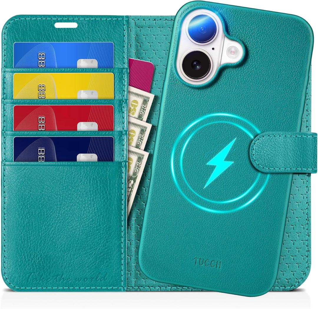 TUCCH Case Wallet for iPhone 16, [Detachable] [2 in 1] Stand RFID Blocking 4 Card Slots Wireless Charging Shockproof Case, PU Leather Magnetic Removable Flip Cover Compatible with iPhone 16, Cyan (Full Textured Cyan)