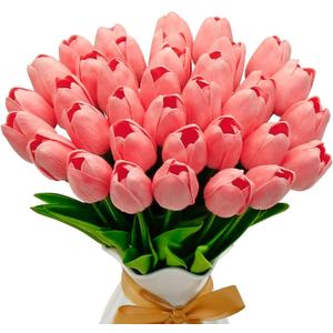 36 PCS White Tulips Artificial Flowers 13" PU Fake Flowers for Wedding Home Decor( Peach Coral)
