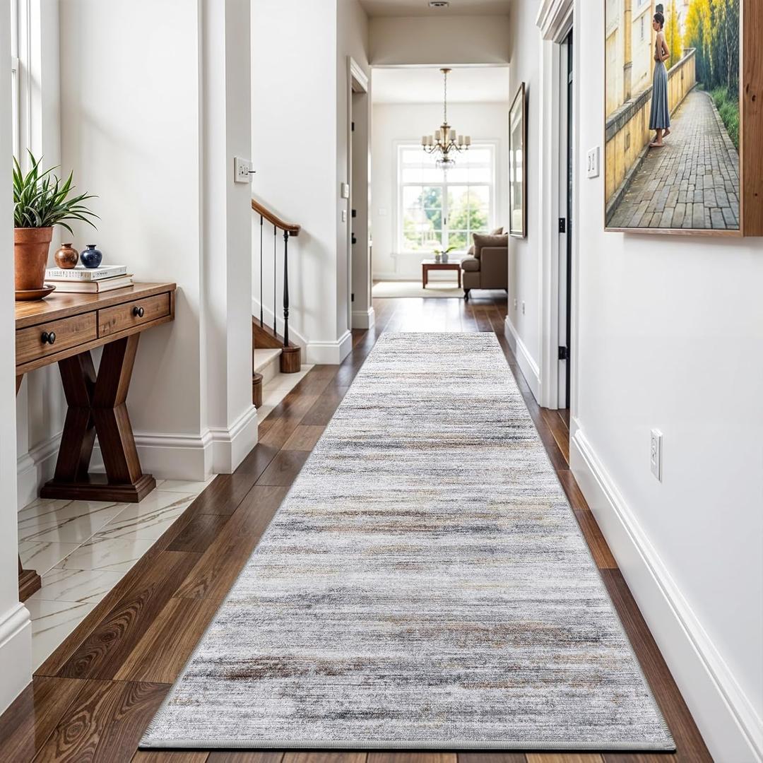 3x9 Washable Runner Rug for Family: Easy-to-Clean Runners for Hallway Entryway Kitchen Bedroom - Stain and Water Resistant Rugs with Non-Slip Backing - Soft Low-Pile Carpet Beige Grey