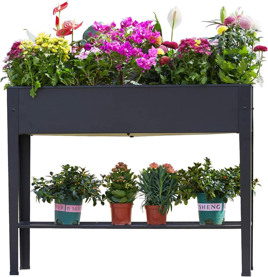 Raised Garden Bed, Elevated Planter Black Metal Plant Box with Legs Standing Garden Stand Drainage Holes Black