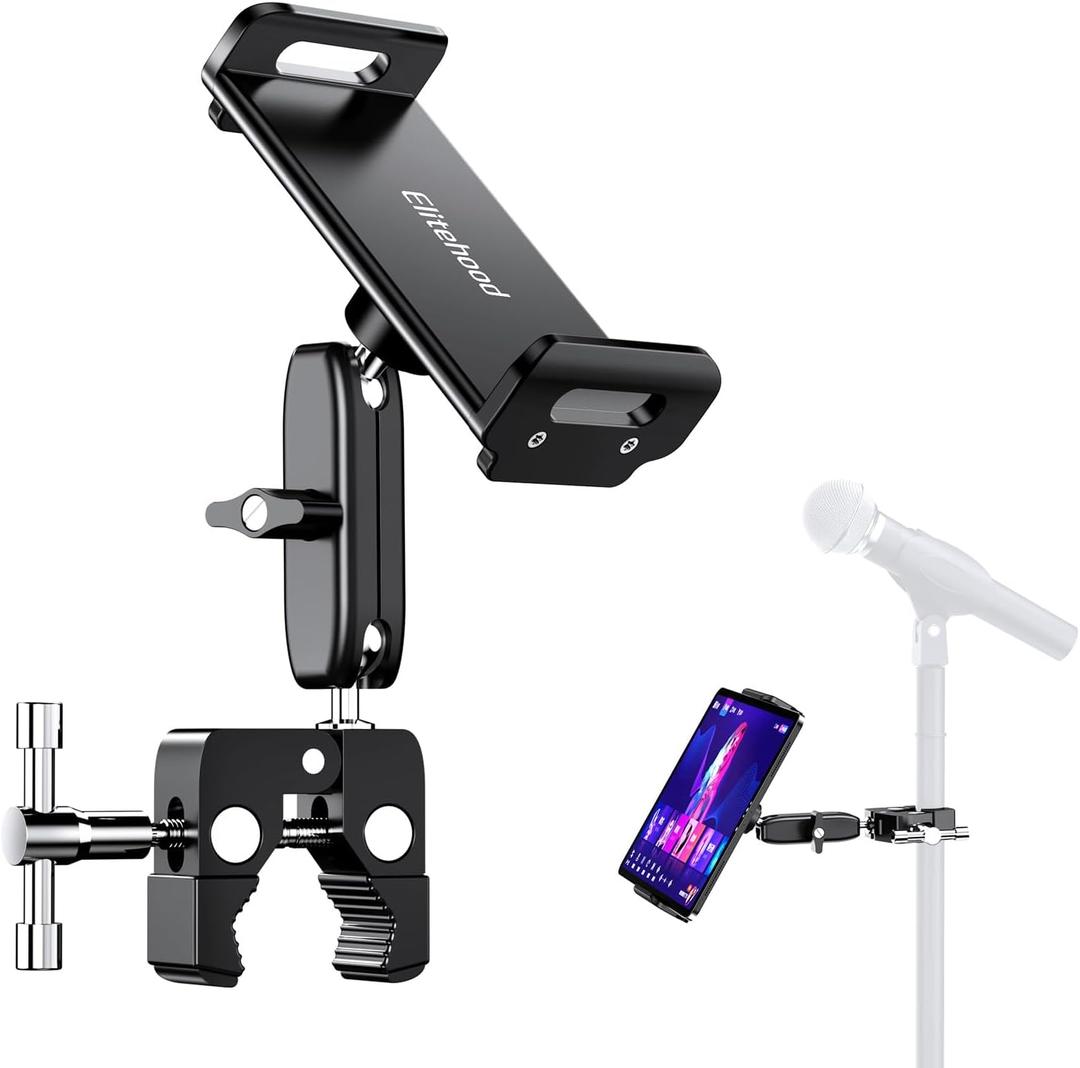 elitehood Aluminum Dual Ball Head Tablet Holder for Mic Stand, Adjustable iPad Mic Stand Holder, Side Mount Microphone Music Stand Phone Holder Mount for iPad, iPhone,4, 7-12.9in Tablets (6in - Dual Ball Joint)