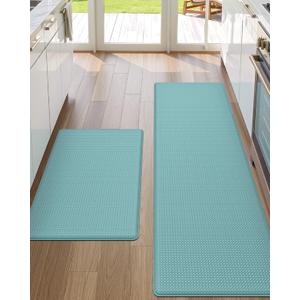 DEXI Kitchen Floor Mats Cushioned Anti Fatigue,17x29+17x59, Standing Runner Rug Waterproof, Comfort Memory Foam Padded for Front Sink Laundry Set of 2, Turquoise