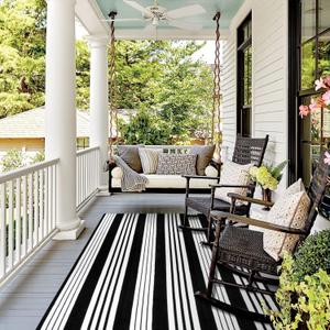 Outdoor Rug 5'X7', Cotton Woven Large Patio Rug, Cotton Woven Fall Front Porch Rug, Black and White Striped Outdoor Rugs for Farmhouse Deck Backyard Living Room Halloween Decor, Black and White 