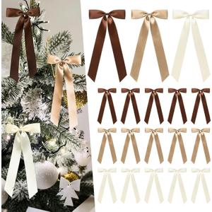 CEELGON 24 Pcs Neutral Brown Christmas Tree Bows Satin Ribbon Long Large Bows for Xmas Tree Topper Garland 5 x 9 Inch Ornaments for Holiday Birthday Party Room Decor (Neutral Colors)
