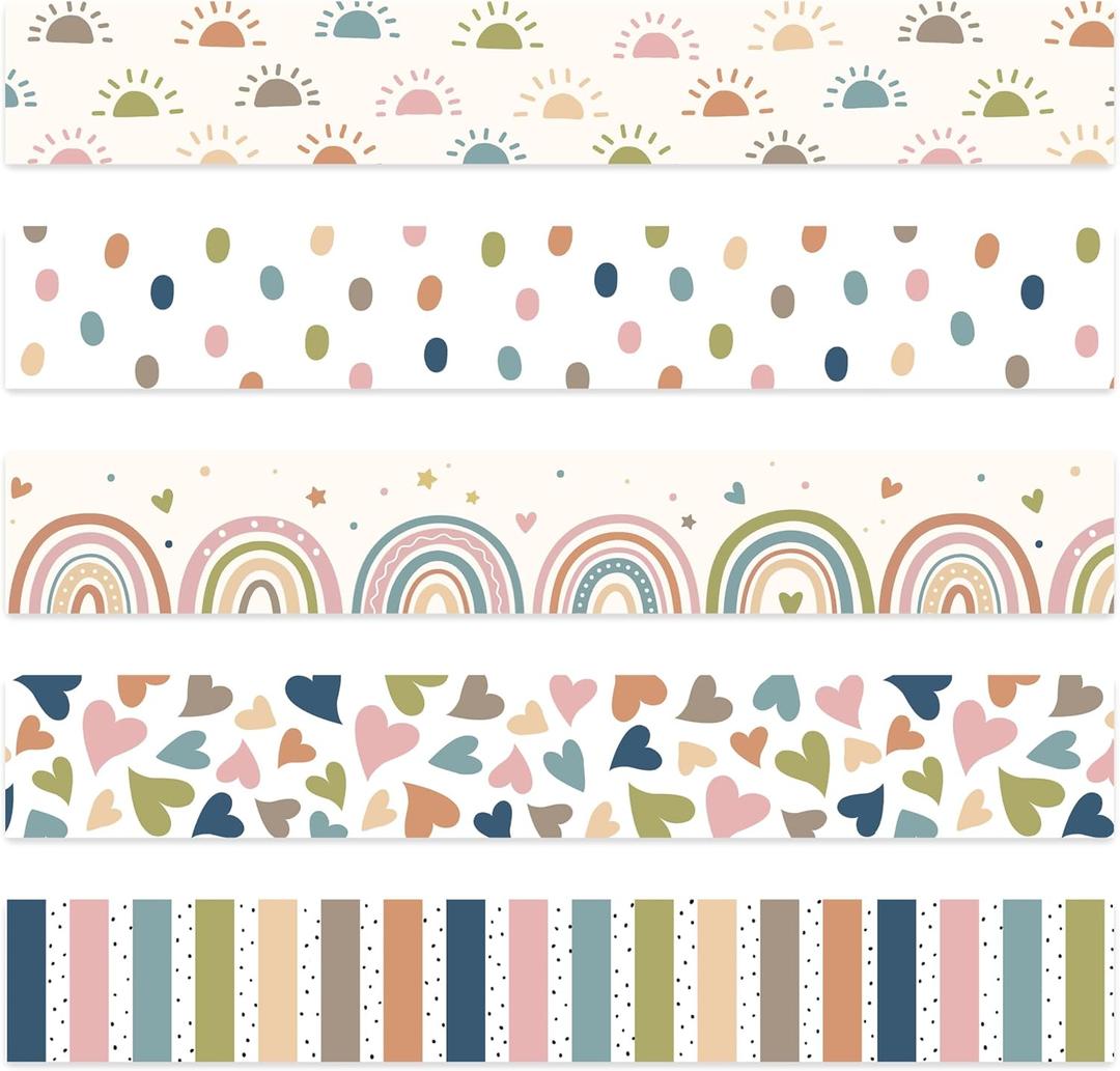 115Ft Boho Bulletin Board Borders Classroom Bulletin Boards Decoration Colorful Boho Heart Rainbow Dot Stripe Border Stickers for School Classroom Office Wall Chalkboard Party Decor, 100Pcs