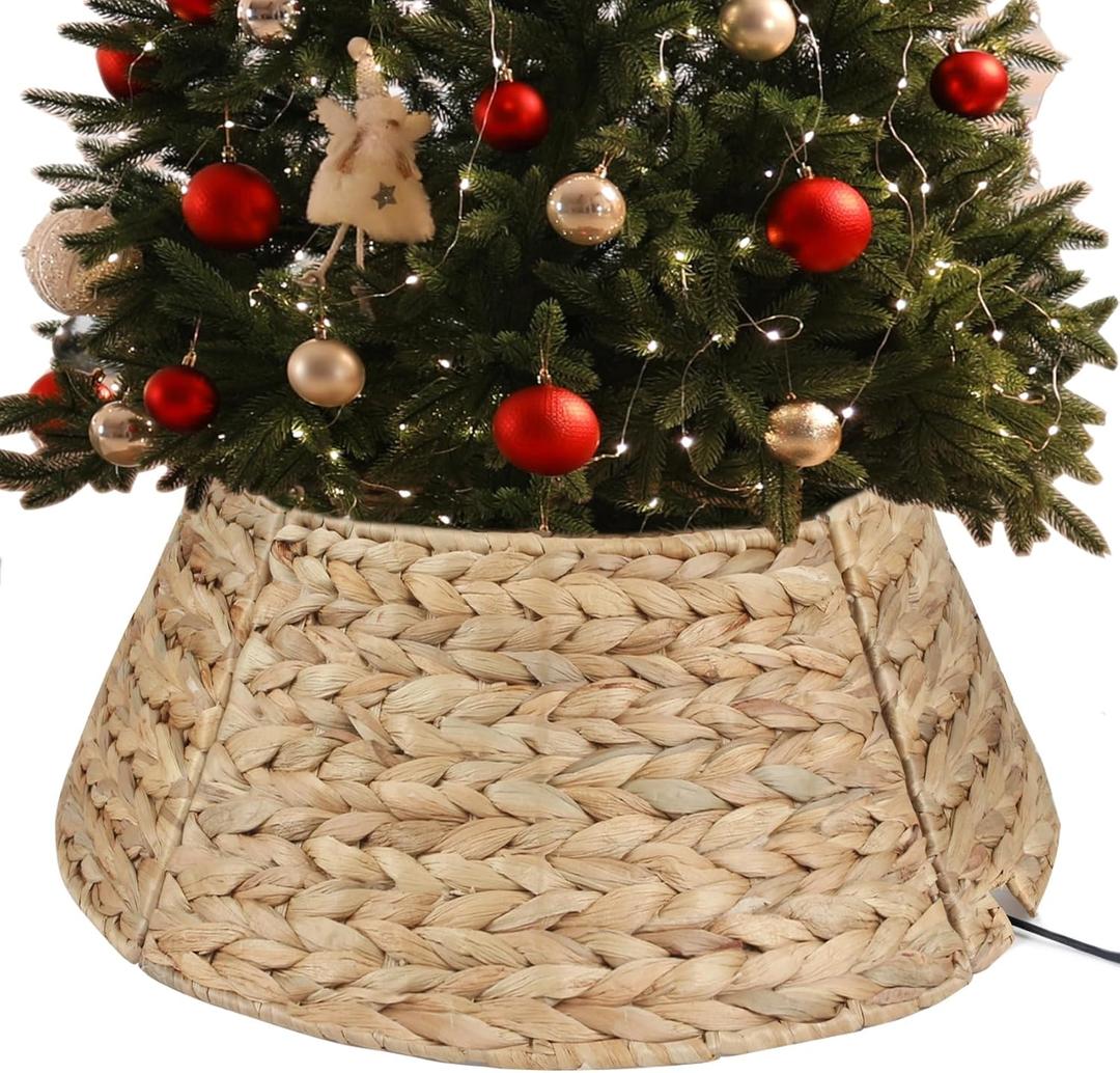 Christmas Tree Collar, Round Tree Collar Hyacinth Handwoven 24in, Christmas Tree Ring Rattan Wicker Rustic Cord Cut Out Metal Frame Decoration to Cover Artificial Tree (Natural)