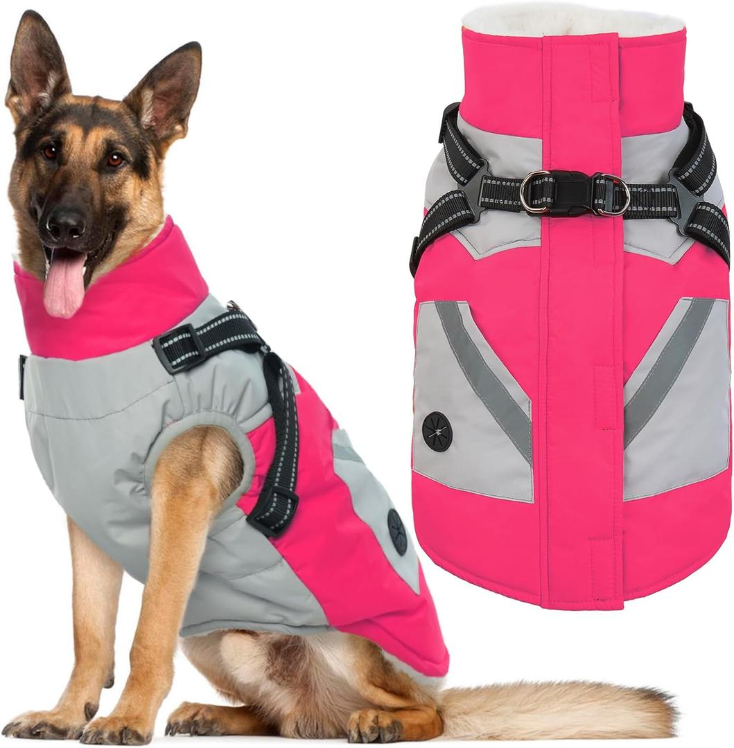 IECOii Large Dog Coat with Harness Built in - Rosered, Large - Waterproof Windproof Dog Winter Coat, Fleece Lined Zip Snow Jacket for Dogs Thermal Outdoor Snowsuit Cold Weather Jackets Bulldog (Large(Chest:24.4 in))