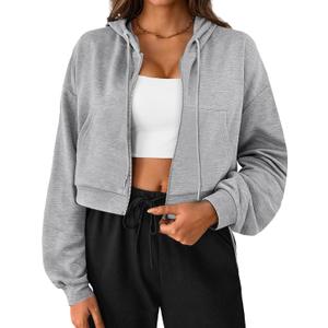 SOFIA'S CHOICE Cropped Zip Up Hoodie Women Long Sleeve Drawstring Sweatshirt with Pockets Light Gray Medium (Gray)