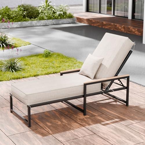 Chaise Lounge Cushions Outdoor, 80 x 26 x 6 Inch Olefin Waterproof and Fade Resistant Patio Furniture Lounge Chair Cushions with Removable Cover, Lounger Pad with Handle and 16 Straps, Light Beige