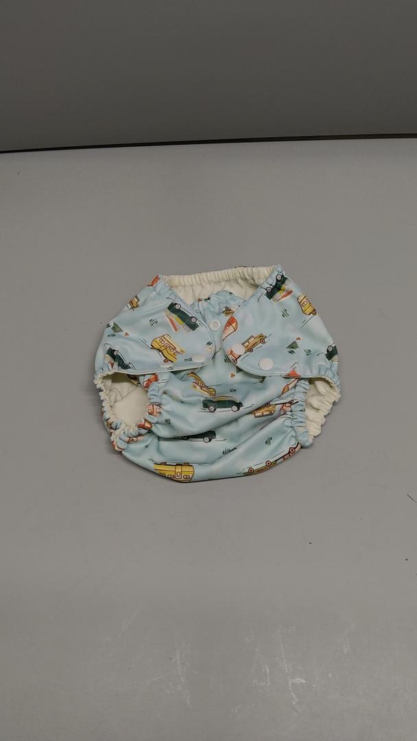 Esembly Cloth Diaper Cover - Reusable Swim Diaper, Waterproof, Breathable - Adjustable Outer Layer Over Absorbent Inner for Blowout Protection - Buses, Size 2 (18-35lbs)