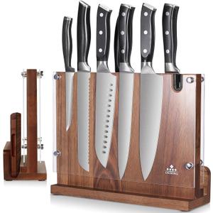 ENOKING Magnetic Knife Block 12.2 x 9.3", Double Sided Magnetic Knife Holde with Knife Sharpener, Acacia Wood Magnetic Knife Stand with Acrylic Shield for Kitchen Countertop