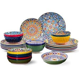 Romatlink 24 Pieces Dinnerware Sets, Ceramic Plates and Bowls Set, Microwave and Dishwasher Safe, Scratch Resistant, Bohemian Style Dishware Set, Service for 6