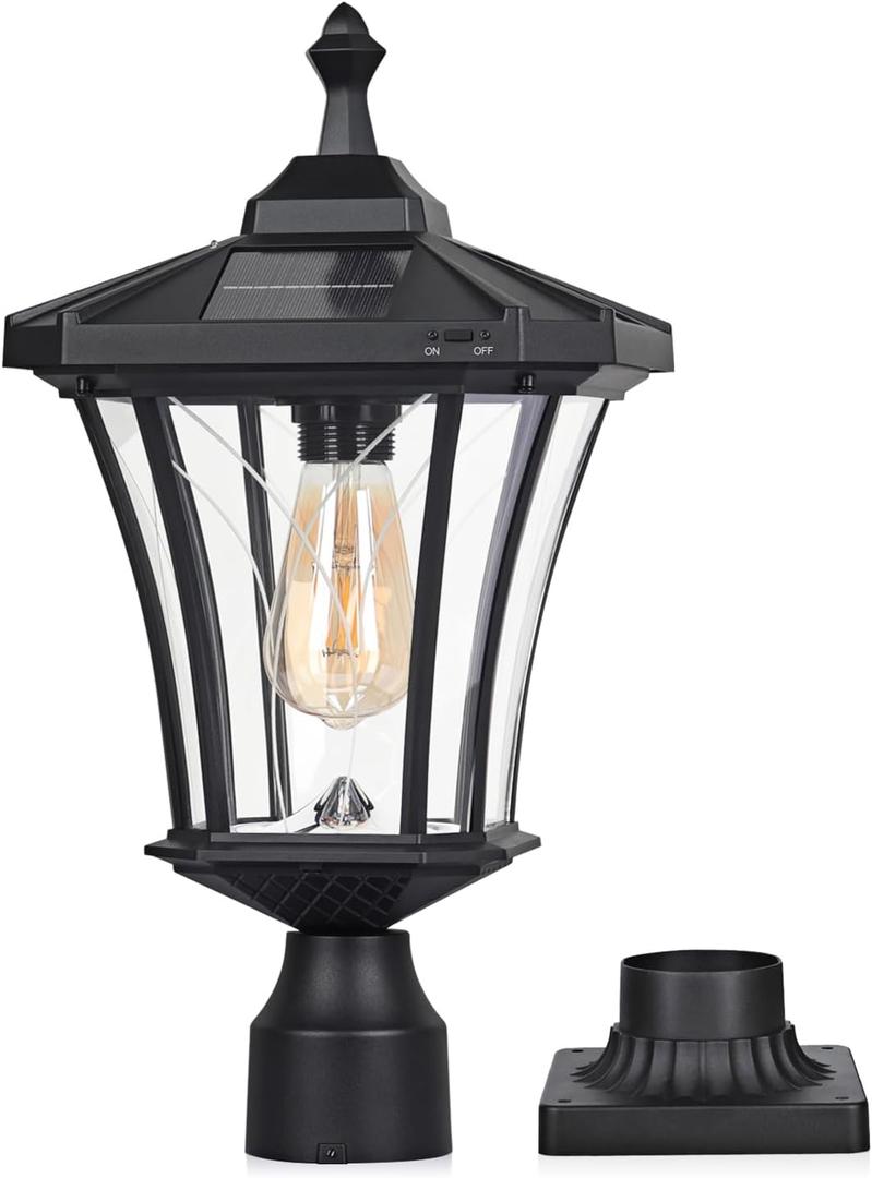 Solar Post Light Outdoor, ST4339Q Dusk to Dawn Vintage Solar Lamp Post Light with Pier Mount Base Wireless Aluminum Black Waterproof, Fence Pole Light with Pattern Glass for Yard Patio Garden Entryway